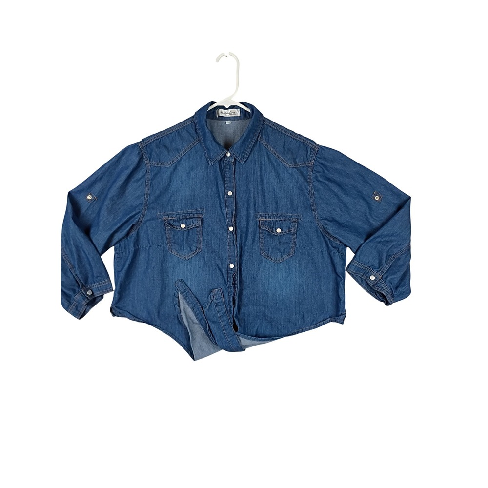 Rokadou Chambray Tie Hem Shirt Women 2XL Blue Snap Front Roll Sleeve Denim Top